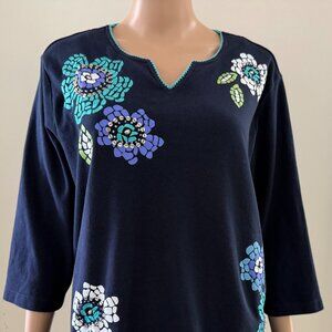 Alfred Dunner Pullover Top Women's Blue W/Embroidered Flowers 3/4Sleeves Size 1X